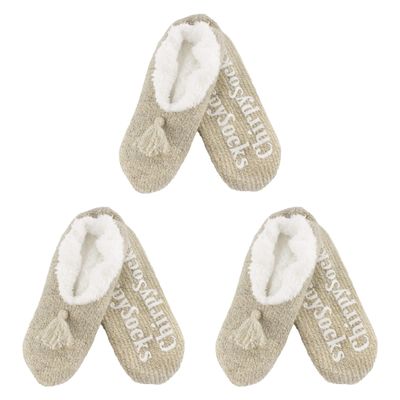 BambooMN Adult Women Soft Warm Cozy Fancy Yarn Slippers Non-Slip Lined Socks, Indoor Comfy House Slippers, X-Large, Taupe, 3 Pairs