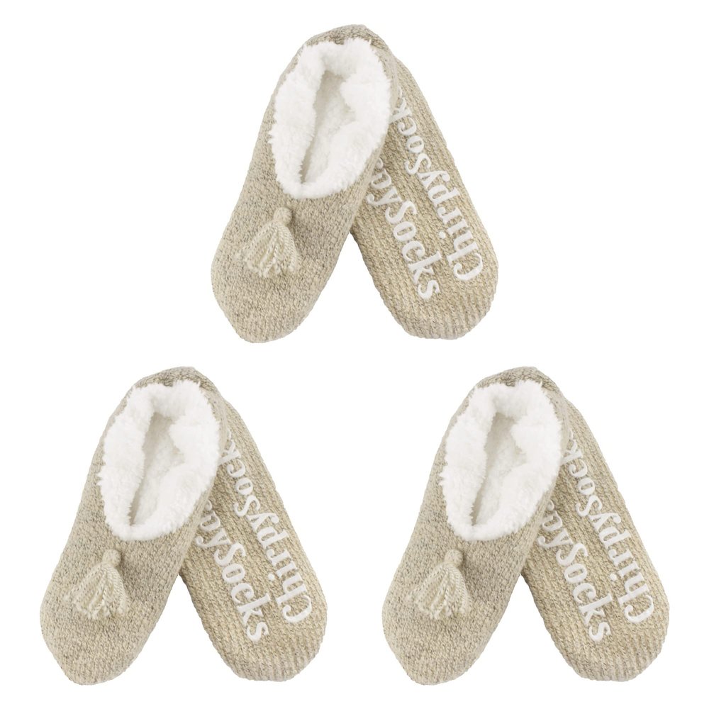BambooMN Adult Women Soft Warm Cozy Fancy Yarn Slippers Non-Slip Lined Socks, Indoor Comfy House Slippers, X-Large, Taupe, 3 Pairs