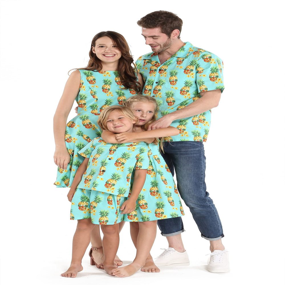 Matchable Family Hawaiian Fit and Flare Dress, Pineapple Skull Turquoise, Girl, Size 6