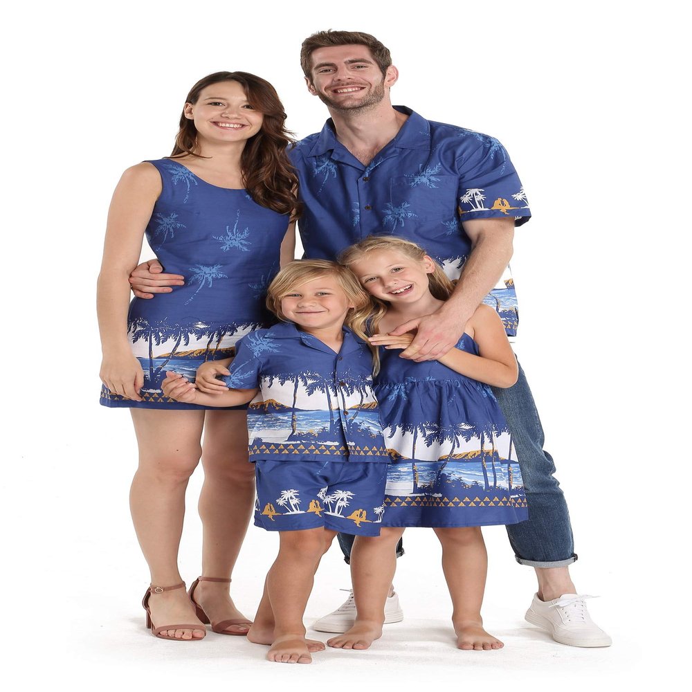 Matchable Family Hawaiian Elastic Waist Skirt, Diamond Head Palms Beach Navy, Girl, Size 6