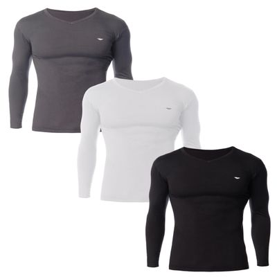 AMERICAN HEAVEN Men's 3 Pack Base Layer Long Sleeve Thermal V Neck Top | Soft & Lightweight Fleece Lined Shirts (3 Pack- Black/White/Grey, Medium)