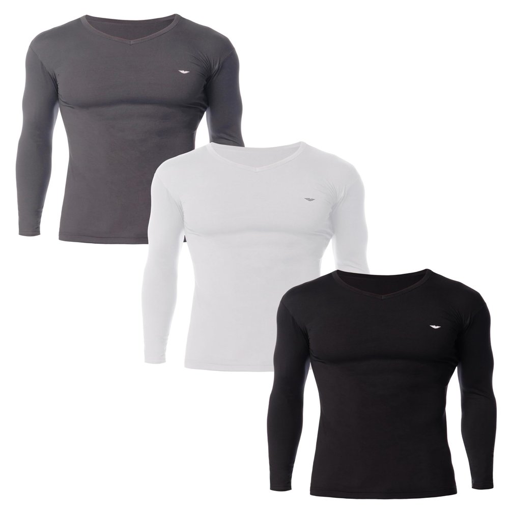AMERICAN HEAVEN Men's 3 Pack Base Layer Long Sleeve Thermal V Neck Top | Soft & Lightweight Fleece Lined Shirts (3 Pack- Black/White/Grey, Medium)
