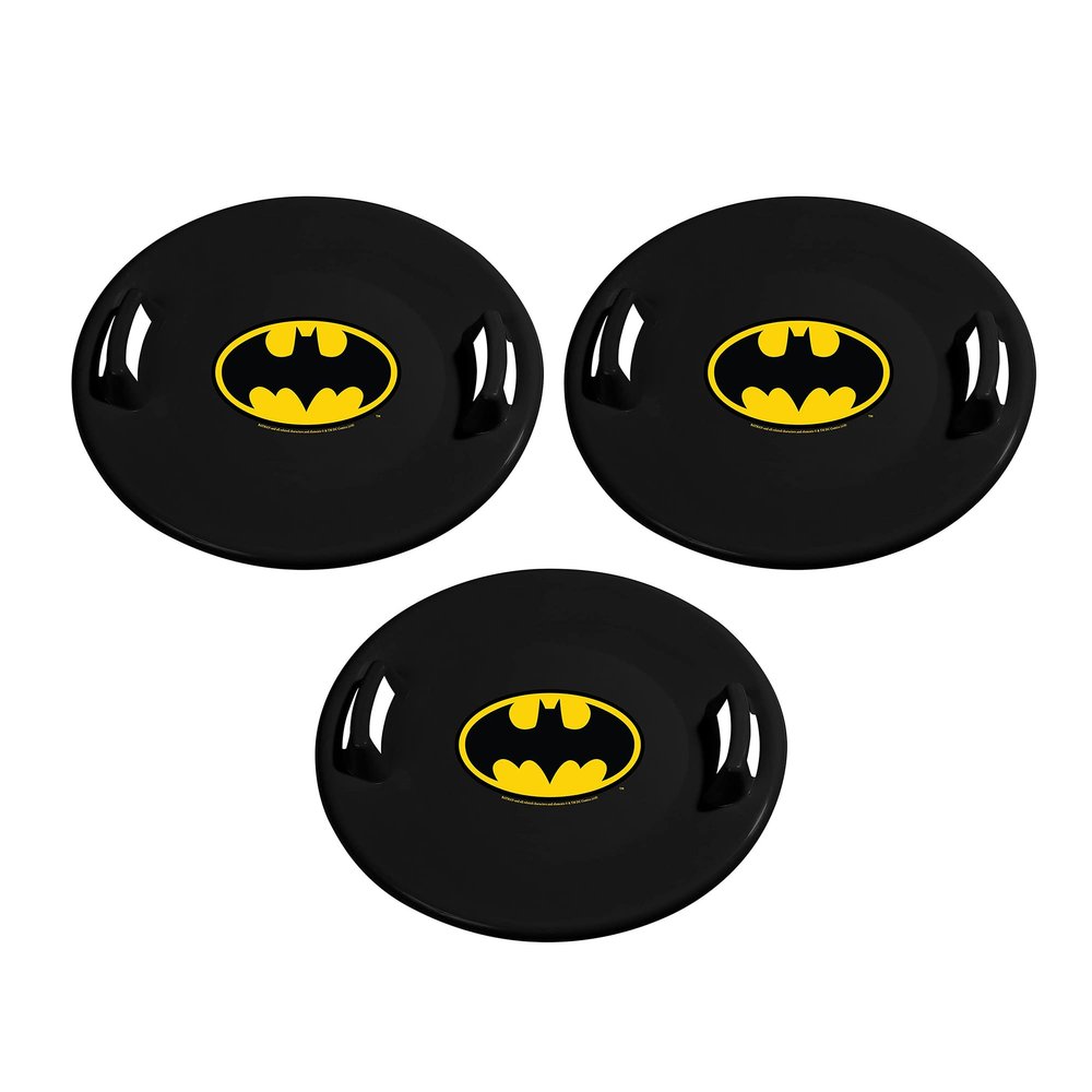 Slippery Racer Downhill Pro Heavy Duty Cold Weather Batman Adults and Kids Plastic Saucer Disc Snow Sled with Handles, Black (3 Pack)