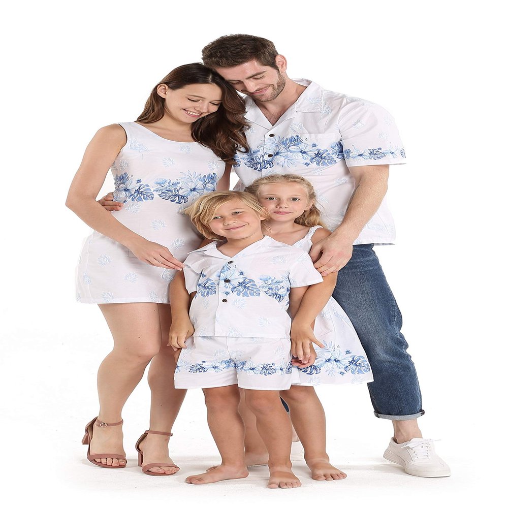 Matchable Family Hawaiian Aloha Shirt, White with Blue Hibiscus, Boy, Size 2