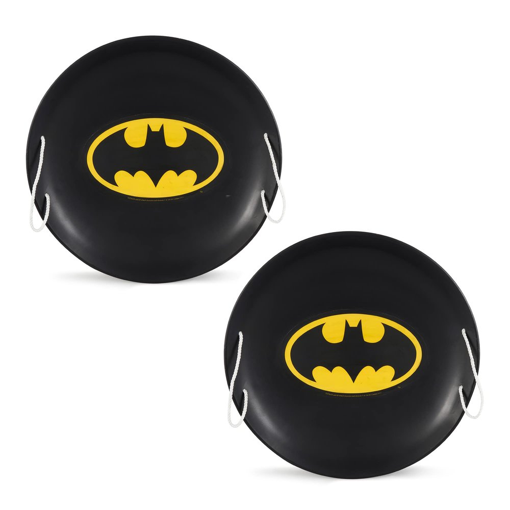Slippery Racer ProDisc 26 Inch Heavy Duty Aluminum Iron Metal Kids Batman Saucer Snow Sled with Dual Riveted Soft Grip Rope Handles, Black (2 Pack)