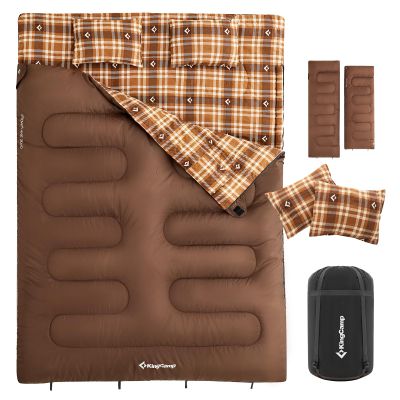 KingCamp Double Sleeping Bag for Adults, Queen Size 2 Person XXL Flannel Sleeping Bag, Waterproof Lightweight Flannel Quilt with 2 Pillows, Perfect for Couples Family Camping Hiking, Coffee