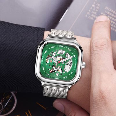 SHATONG Fashion Business Men's Watch Mechanical Movement Three-Hand Leather Strap Hollow Watch,dial Diameter 42mm