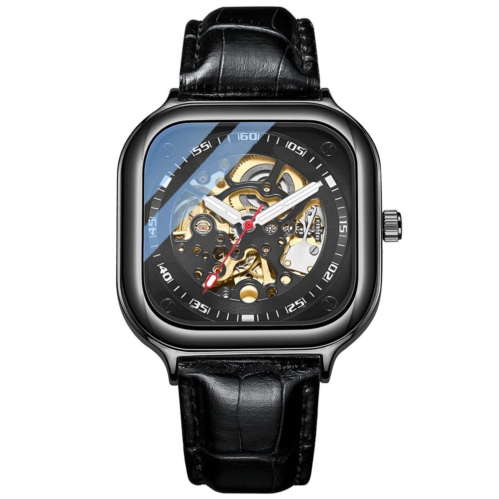 SHATONG Automatic Men's Mechanical Watch Square Fashion Leather Strap Hollow Three-Hand Watch