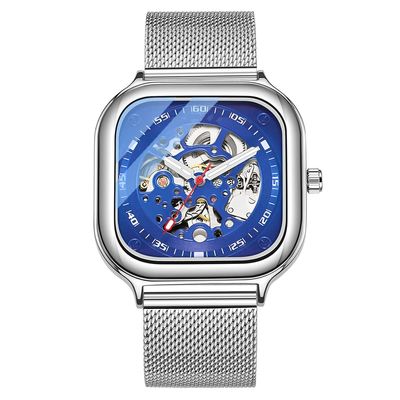 SHATONG Square Fashion Automatic Mechanical Watch Men's Stainless Steel Mesh Belt Waterproof Hollow Mechanical Watch Men