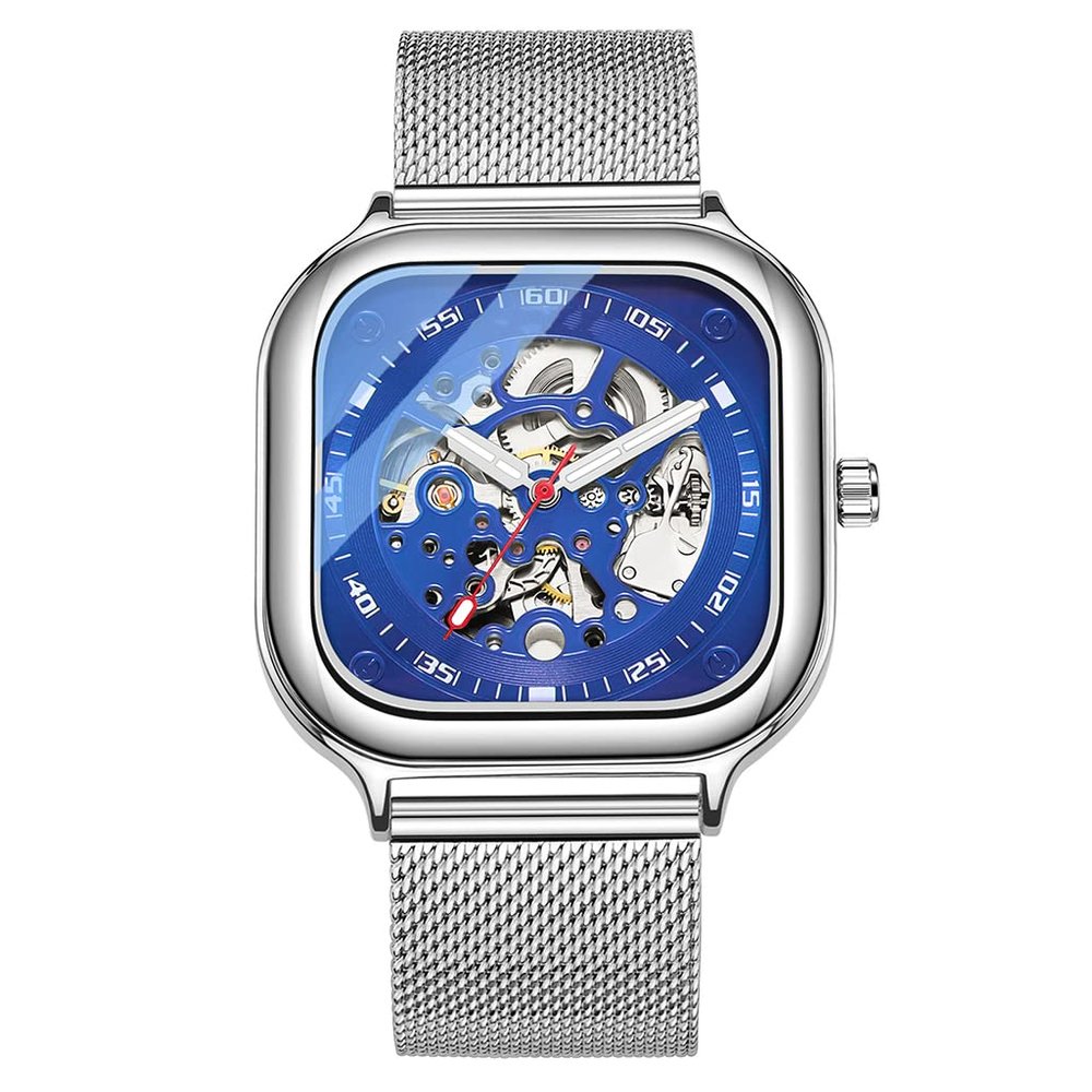SHATONG Square Fashion Automatic Mechanical Watch Men's Stainless Steel Mesh Belt Waterproof Hollow Mechanical Watch Men