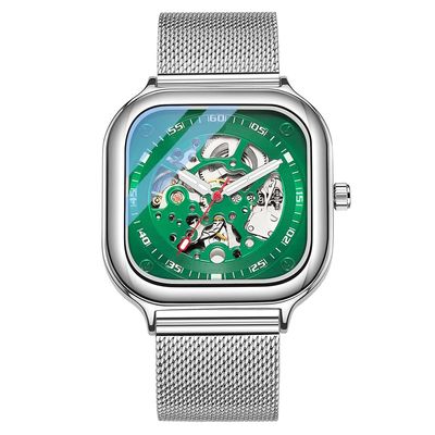 SHATONG Square Fashion Automatic Mechanical Watch Men's Stainless Steel Mesh Belt Waterproof Hollow Mechanical Watch Men