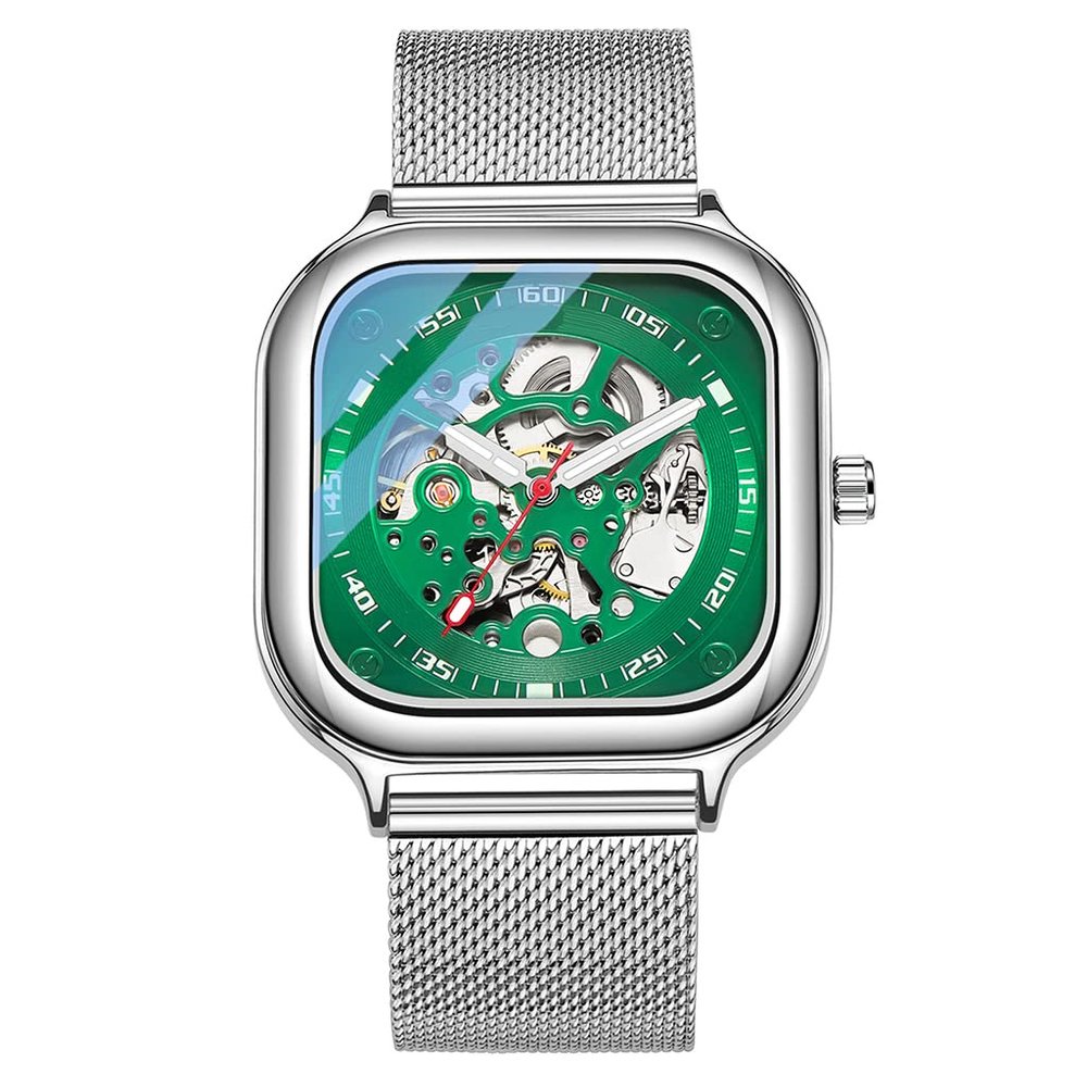 SHATONG Square Fashion Automatic Mechanical Watch Men's Stainless Steel Mesh Belt Waterproof Hollow Mechanical Watch Men