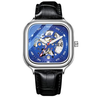 SHATONG Automatic Men's Mechanical Watch Square Fashion Leather Strap Hollow Three-Hand Watch