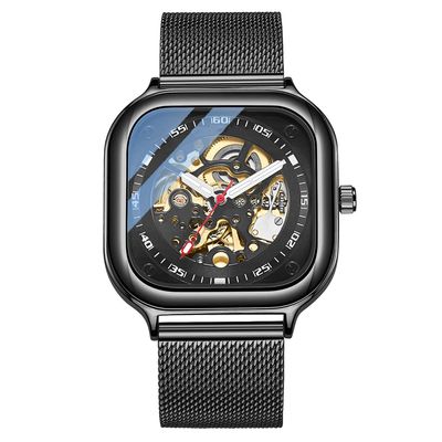 SHATONG Square Fashion Automatic Mechanical Watch Men's Stainless Steel Mesh Belt Waterproof Hollow Mechanical Watch Men