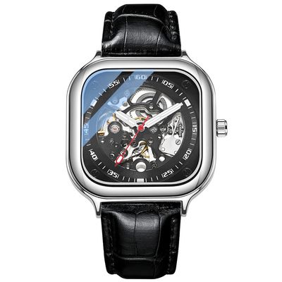 SHATONG Automatic Men's Mechanical Watch Square Fashion Leather Strap Hollow Three-Hand Watch