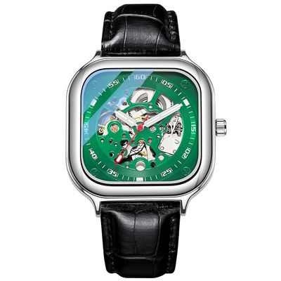 SHATONG Automatic Men's Mechanical Watch Square Fashion Leather Strap Hollow Three-Hand Watch