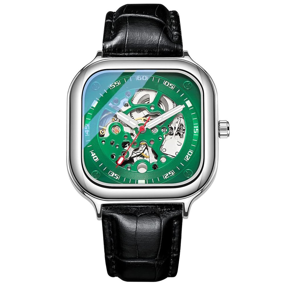 SHATONG Automatic Men's Mechanical Watch Square Fashion Leather Strap Hollow Three-Hand Watch