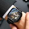 SHATONG Automatic Men's Mechanical Watch Square Fashion Leather Strap Hollow Three-Hand Watch view 2