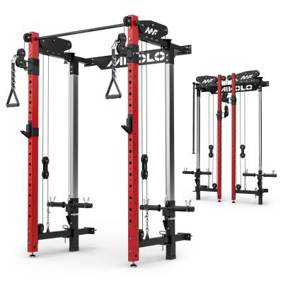 Mikolo Folding Squat Rack, Wall Mounted Power Rack with Cable Crossover Machine & LAT Pull Down, Functional Trainer with 5 Adjustable Function Modes, for Home Gym and Space Saving(Red)
