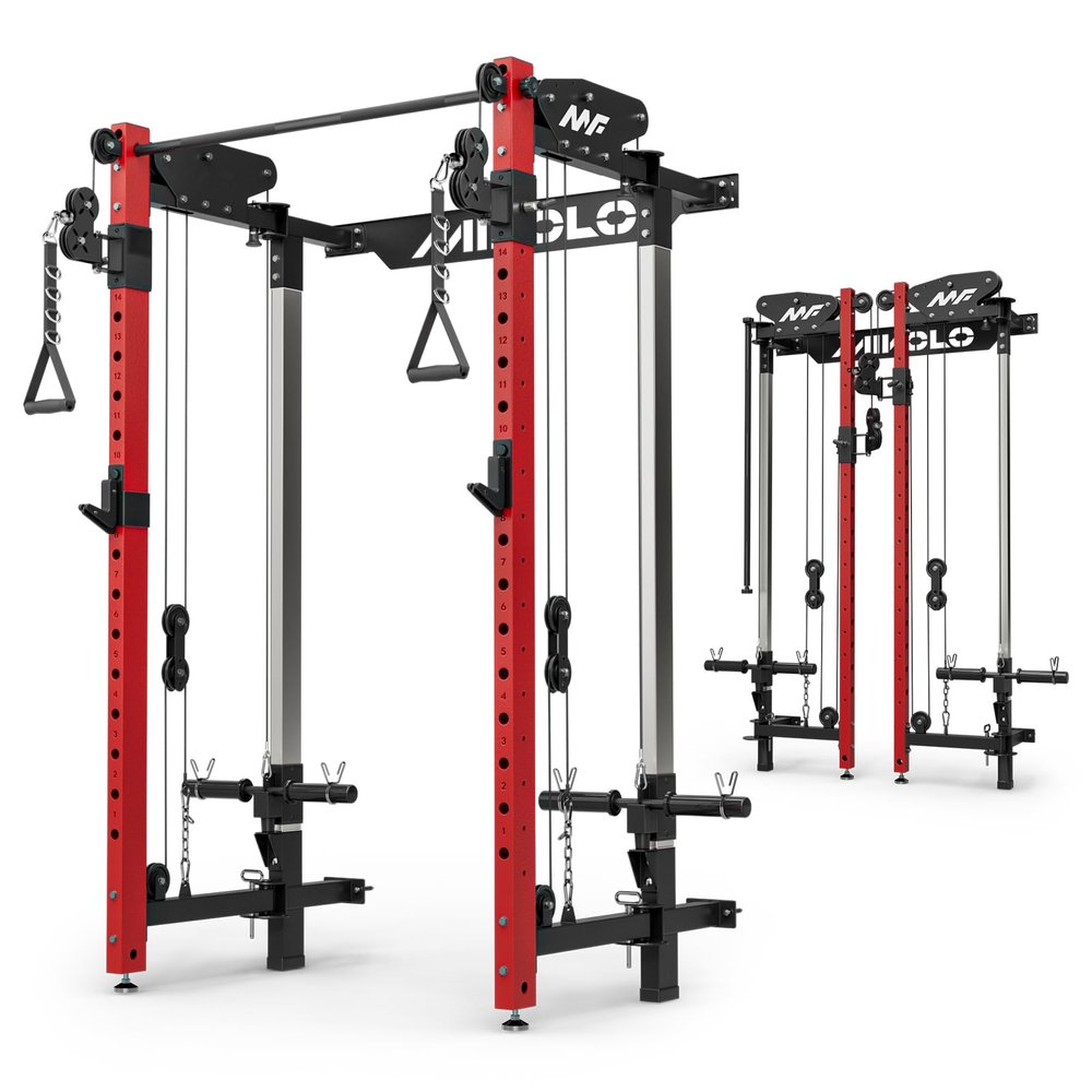 Mikolo Folding Squat Rack, Wall Mounted Power Rack with Cable Crossover Machine & LAT Pull Down, Functional Trainer with 5 Adjustable Function Modes, for Home Gym and Space Saving(Red)