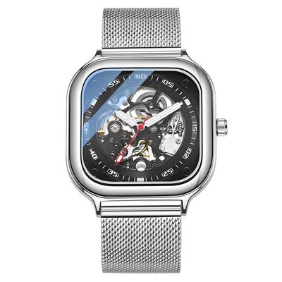 SHATONG Square Fashion Automatic Mechanical Watch Men's Stainless Steel Mesh Belt Waterproof Hollow Mechanical Watch Men