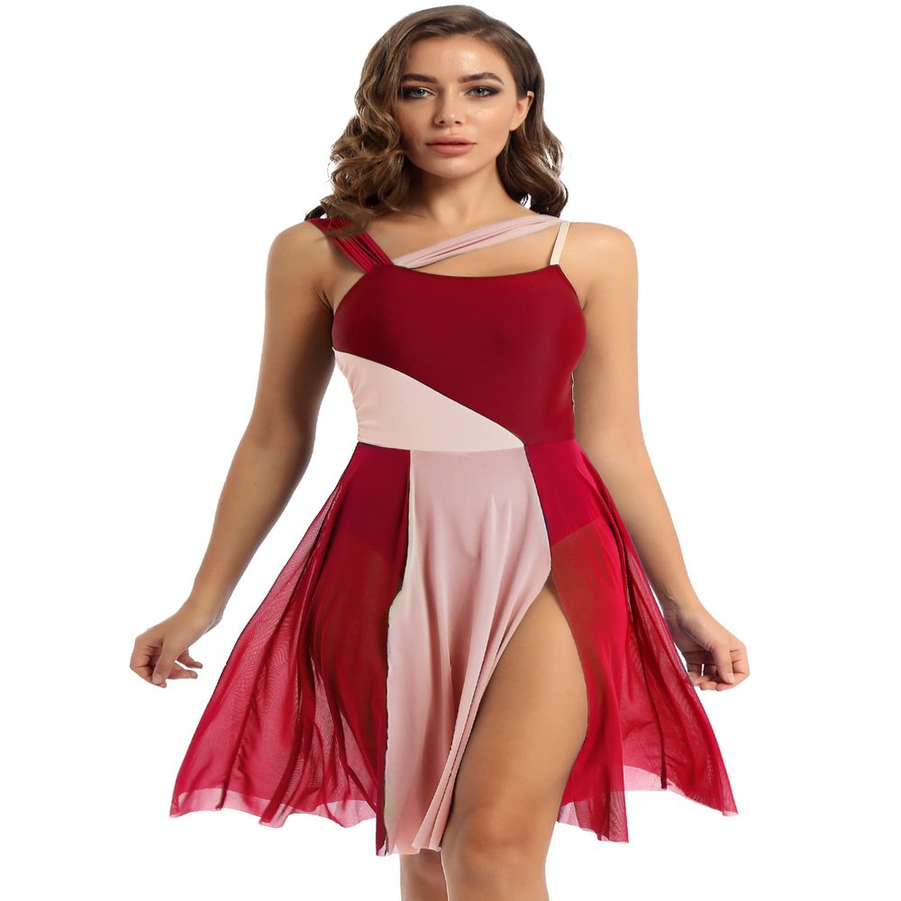 YONGHS Womens Leotard Vestment Piece Ensemble Uniform Lyrical Contemporary Dance Lyrical Outfit Burgundy X-Large