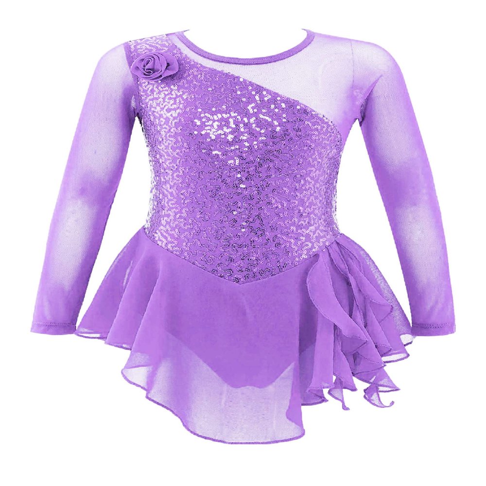 easyforever Kids Girls Sequins Figure Ice Skating Dress Long Sleeve Gymnastics Skirted Leotard Skating wear Dance wear Light Purple 4 Years