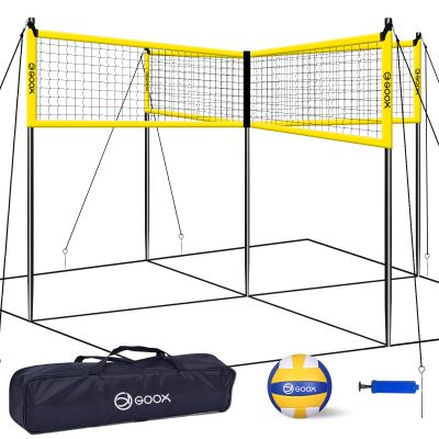 GOOX 4 Square Volleyball Net Game Set, 14 FT 4-Way Volleyball Net for Backyard Beach Lawn, Portable Four Square Volleyball Net for Adults & Youths with Vollyball, Pump, Carry Bag(Yellow)