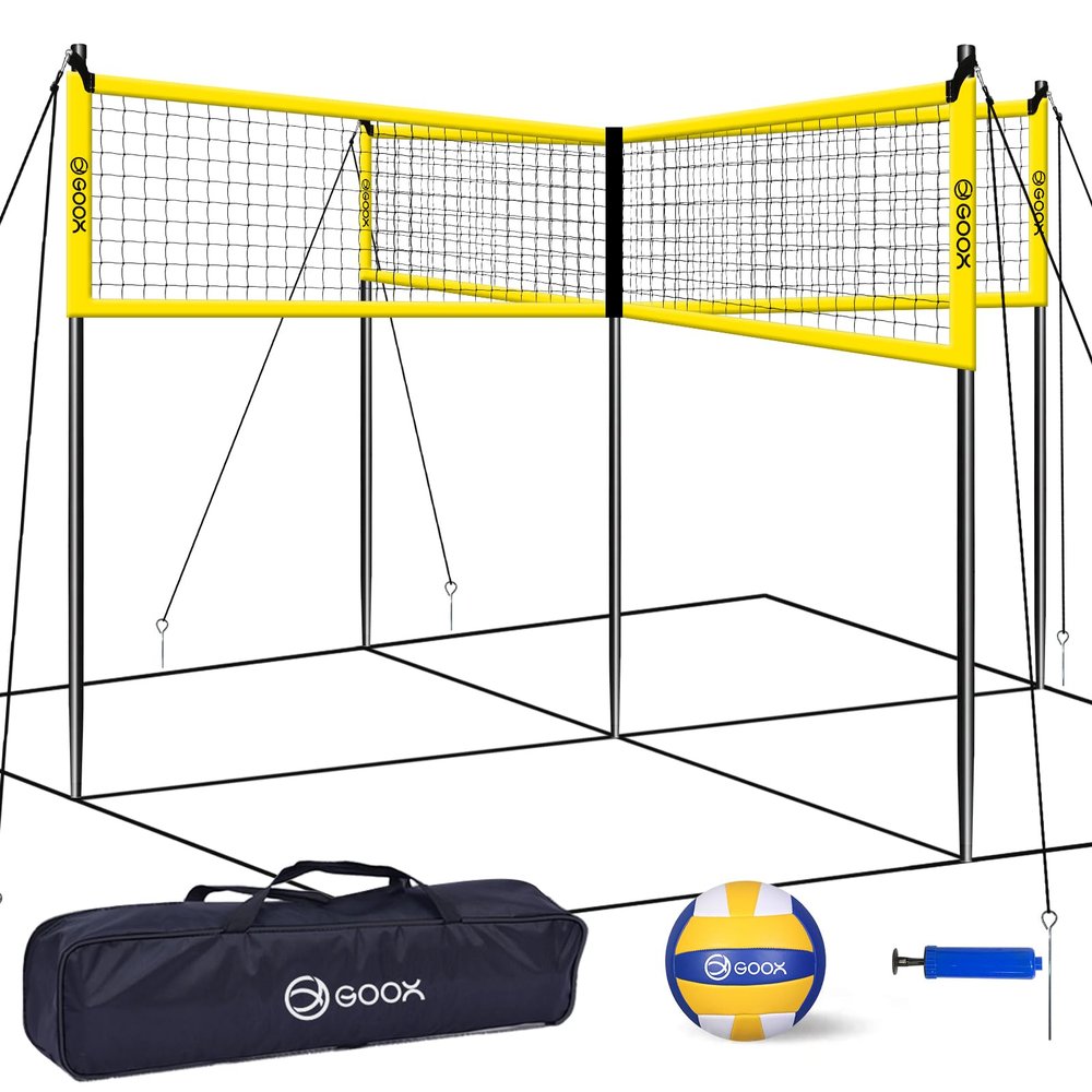 GOOX 4 Square Volleyball Net Game Set, 14 FT 4-Way Volleyball Net for Backyard Beach Lawn, Portable Four Square Volleyball Net for Adults & Youths with Vollyball, Pump, Carry Bag(Yellow)