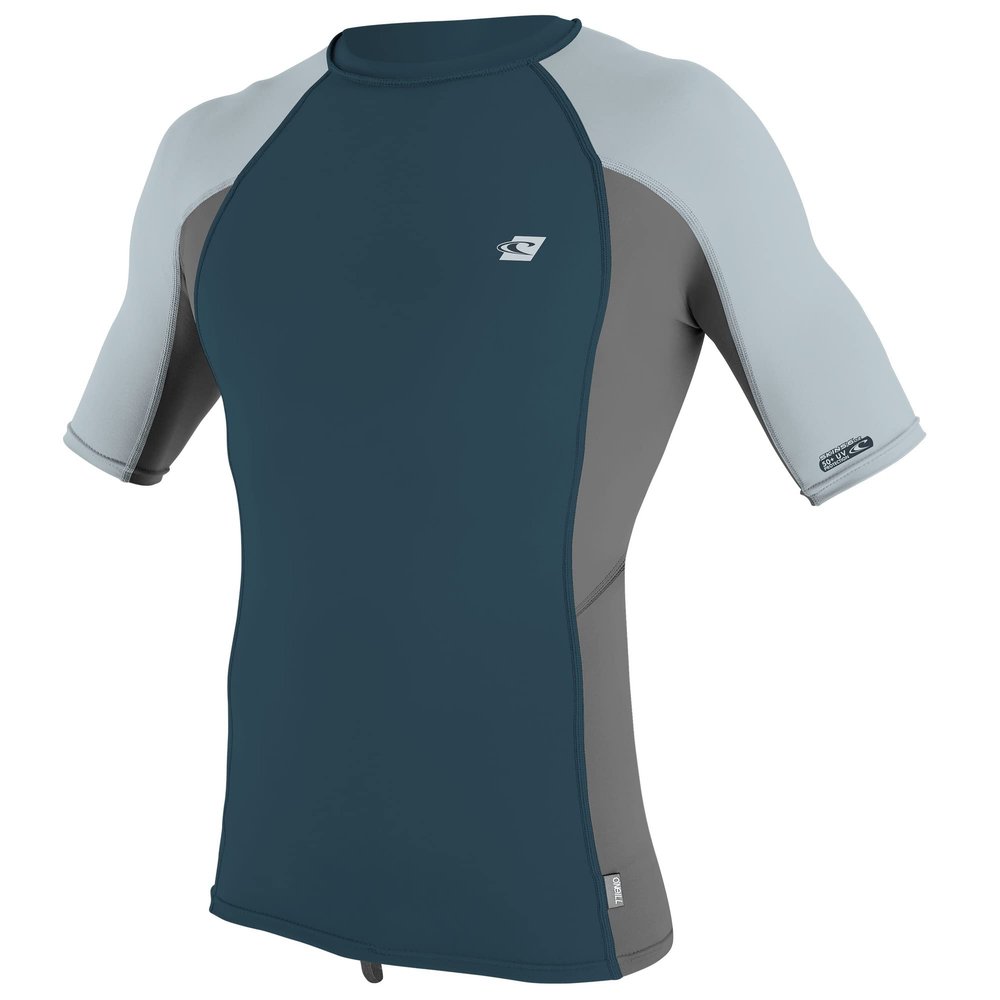 O'Neill Mens Premium Skins Short Sleeve Rashguard, UPF 50+ Sun and Rash Protection, Buttery Soft Tight Fit, Cadet Blue/Graphite/Cool Grey, Small