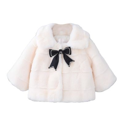 Moily Baby Girls Princess Faux Fur Lapel Coat Bowknot Decor Button-up Jacket Winter Tops Windbreaker White 3-4 Years