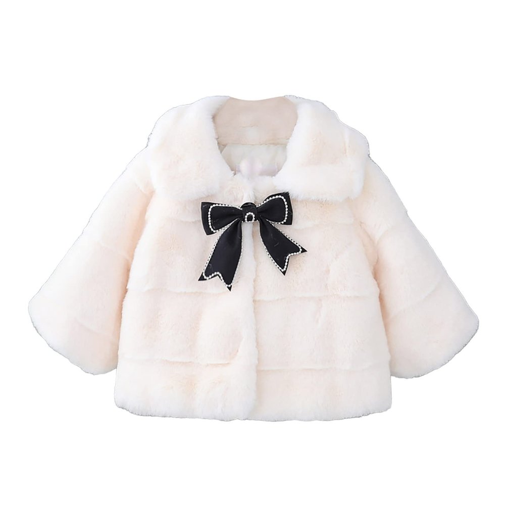 Moily Baby Girls Princess Faux Fur Lapel Coat Bowknot Decor Button-up Jacket Winter Tops Windbreaker White 3-4 Years