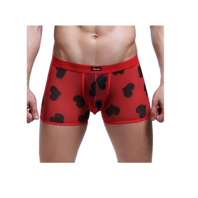 Men's Heart Print Boxer Briefs Sexy Mesh See-Through Boxers Cozy Classic Breathable Full-Rise Trunks for Valentine's Day Red