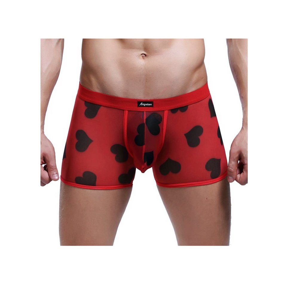 Men's Heart Print Boxer Briefs Sexy Mesh See-Through Boxers Cozy Classic Breathable Full-Rise Trunks for Valentine's Day Red