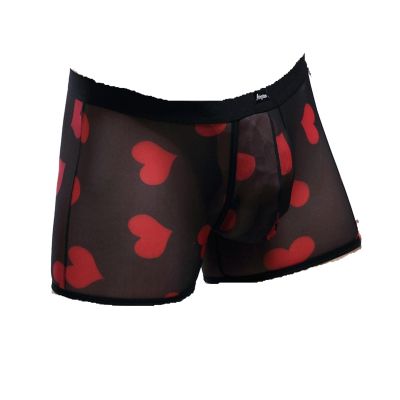 Men's Heart Print Boxer Briefs Sexy Mesh See-Through Boxers Cozy Classic Breathable Full-Rise Trunks for Valentine's Day Black