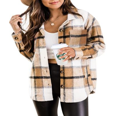 Beaully Womens Casual Plaid Brushed Flannel Button Down Pocketed Shirt Jacket Shackets Coats 6025 Kahki X-Large