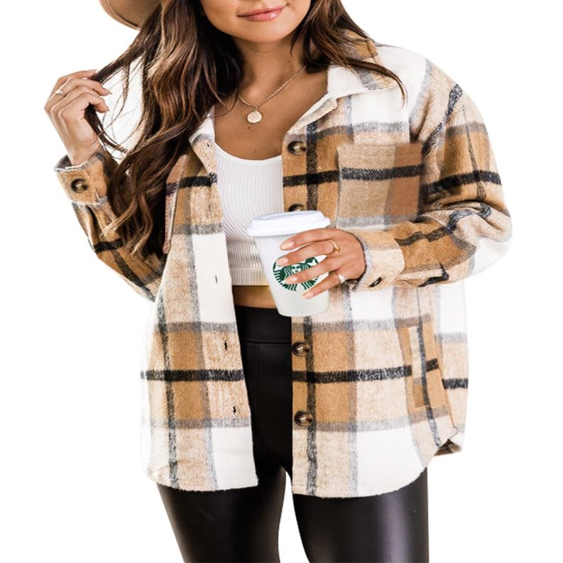 Beaully Womens Casual Plaid Brushed Flannel Button Down Pocketed Shirt Jacket Shackets Coats 6025 Kahki Small