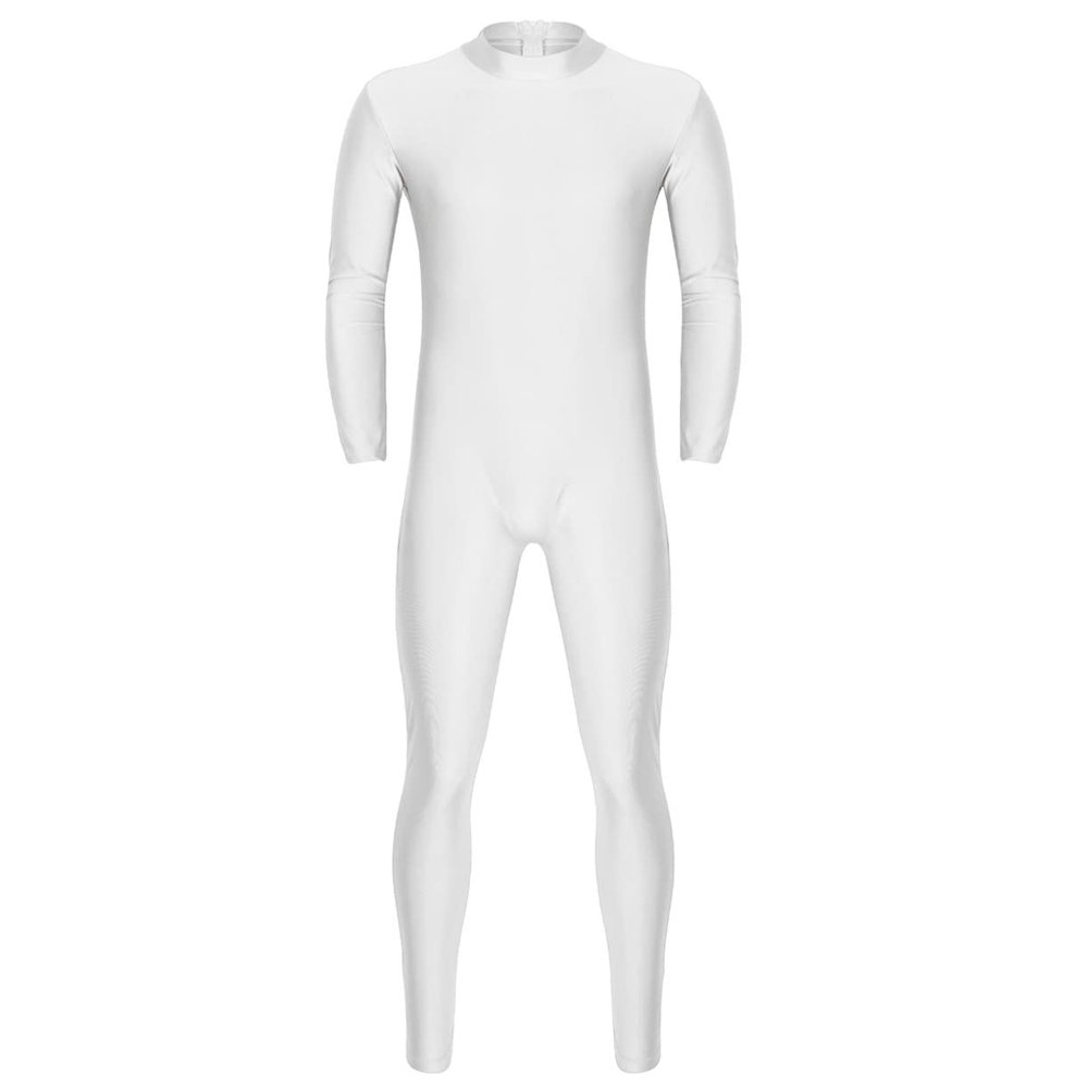 renvena Men's One Piece Skin-Tight Athletic Unitard Full Body Jumpsuit Spandex Dancewear Catsuit White X-Large
