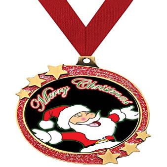 Crown Awards Santa Claus Red Glitter Award Medals, 2.5" Gold Shooting Star Merry Christmas Trophies, 1 Pack Prime