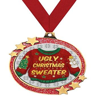 Crown Awards Ugly Christmas Sweater Red Glitter Award Medals, 2.5" Gold Shooting Star Ugly Sweater Trophies, 10 Pack