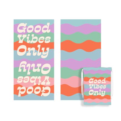 KATYDID Quick Dry Microfiber Beach Towel 63 x 31 Towels, Cute Summer Vacation Designs Sand Free, Lightweight, Bonus Drawstring Travel Bag (Good Vibes Repeat)