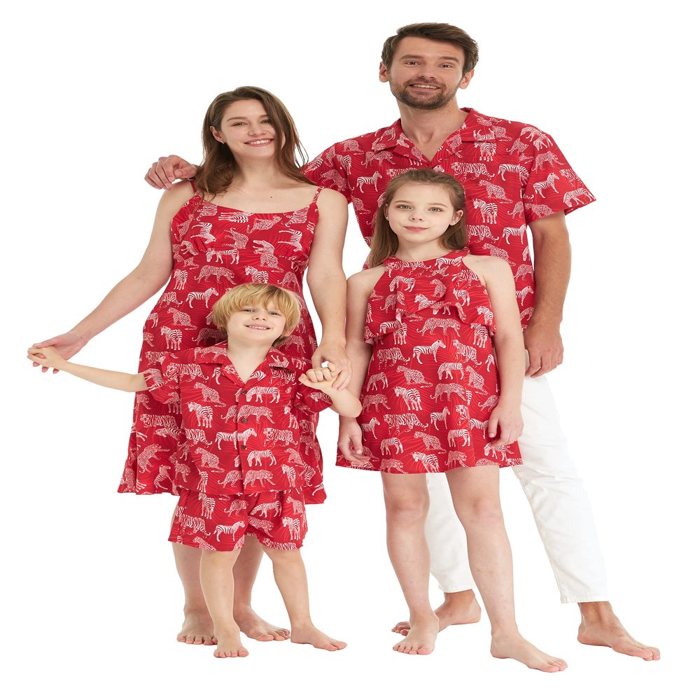 Matchable Family Hawaiian Round Neck Ruffle Dress, Tropical Jungle Red, Girl, Size 8