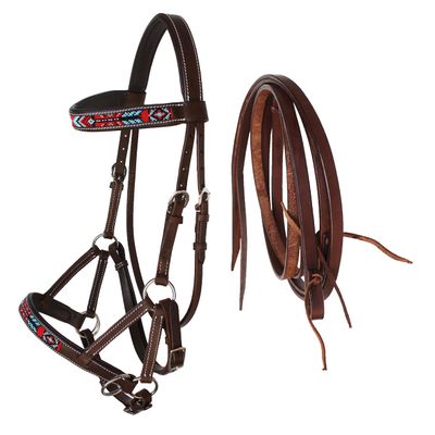 CHALLENGER Horse Western Brown Leather Beaded Bitless Padded Sidepull Bridle Reins 77RS17BR