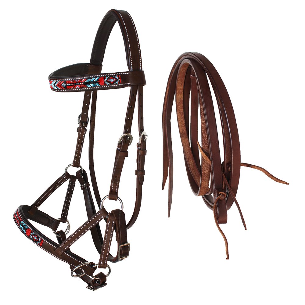 CHALLENGER Horse Western Brown Leather Beaded Bitless Padded Sidepull Bridle Reins 77RS17BR