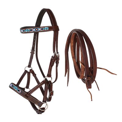 CHALLENGER Horse Western Brown Leather Beaded Bitless Padded Sidepull Bridle Reins 77RS14BR