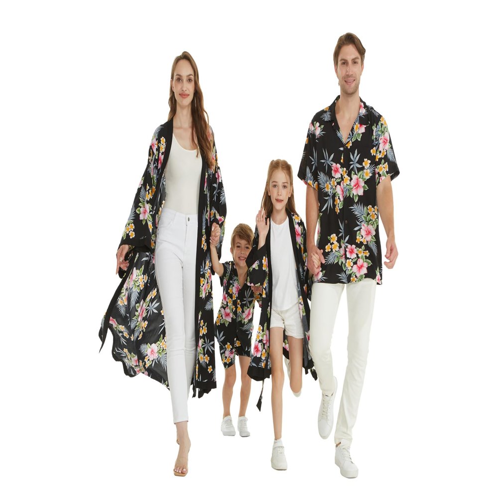 Matchable Family Hawaiian Luau Elasitc Waist Shorts with Pockets, Hibiscus Black, Women, Medium