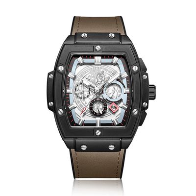 SHATONG Automatic Mechanical Watch Men's Fashion Tonneau-Shaped Multi-Function Luminous Men's Watch with Silicone Bag Leather Strap