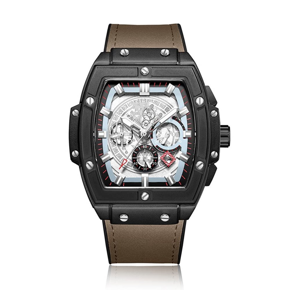 SHATONG Automatic Mechanical Watch Men's Fashion Tonneau-Shaped Multi-Function Luminous Men's Watch with Silicone Bag Leather Strap