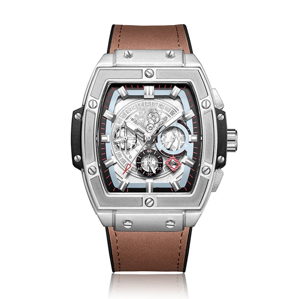 SHATONG Automatic Mechanical Watch Men's Fashion Tonneau-Shaped Multi-Function Luminous Men's Watch with Silicone Bag Leather Strap