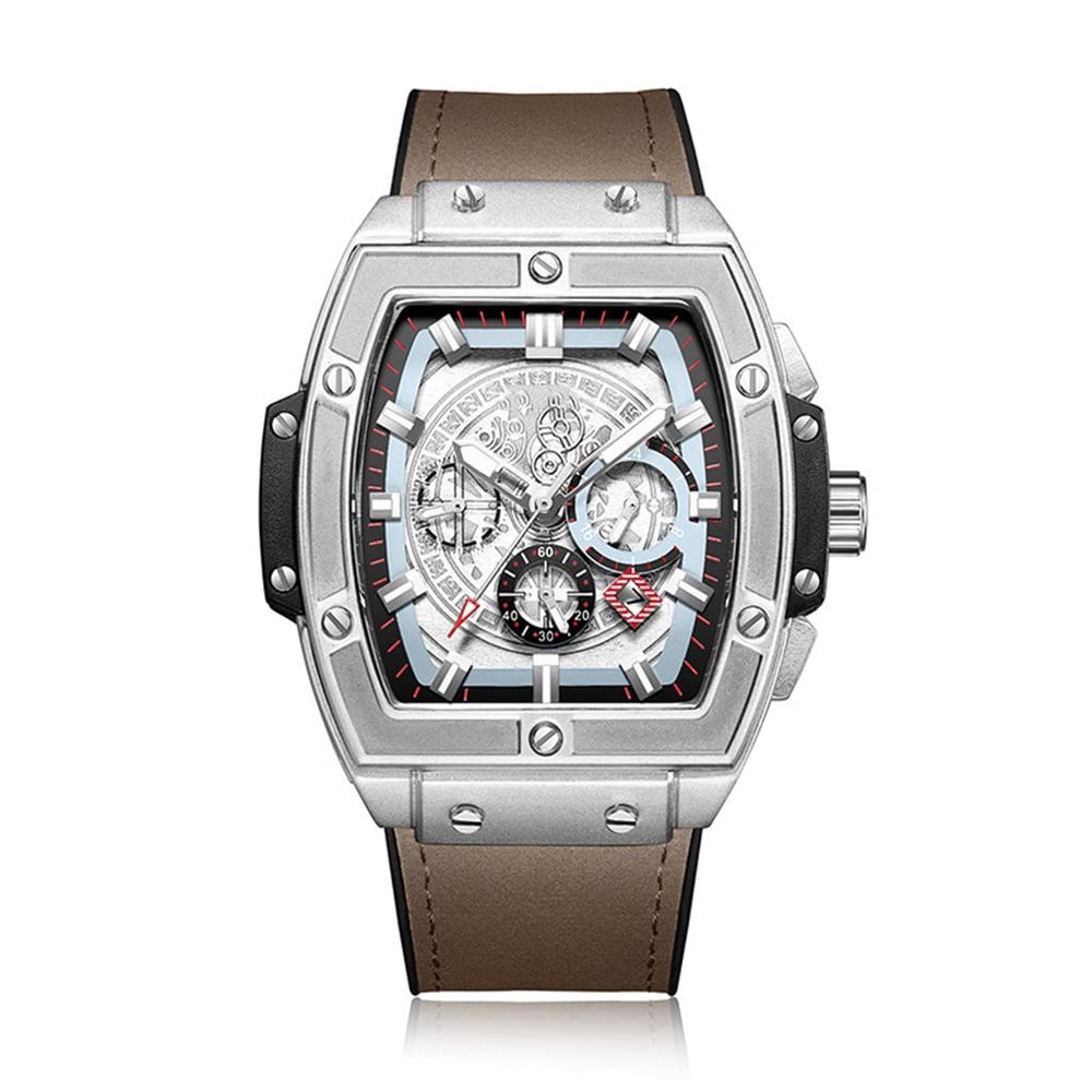 SHATONG Automatic Mechanical Watch Men's Fashion Tonneau-Shaped Multi-Function Luminous Men's Watch with Silicone Bag Leather Strap